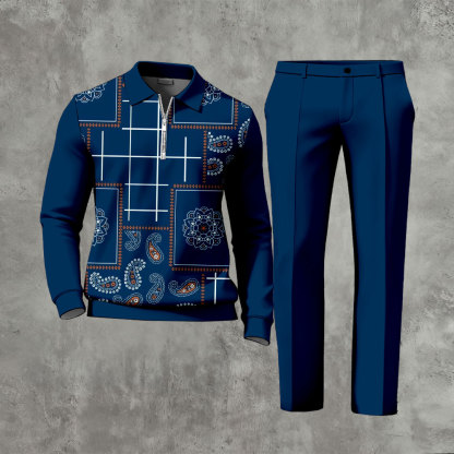 Men's Casual Navy Blue Color Matching Viking Printed Polo-Collar Zipper Long Sleeved Trousers Two-Piece Set