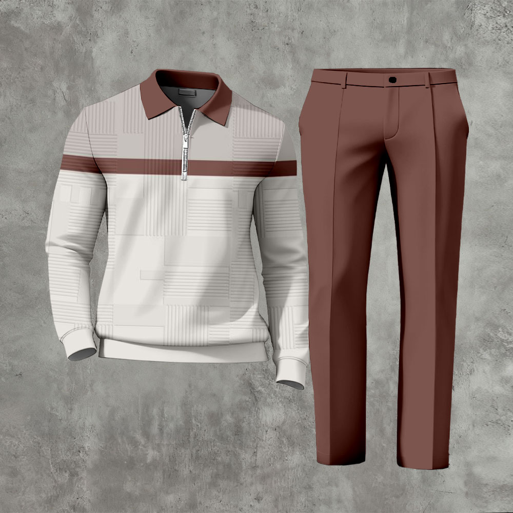 Men's Casual Red Brown & Beige Color Matching Geometric Printed Zipper Long Sleeved Polo Shirt & Trousers Two-Piece Set