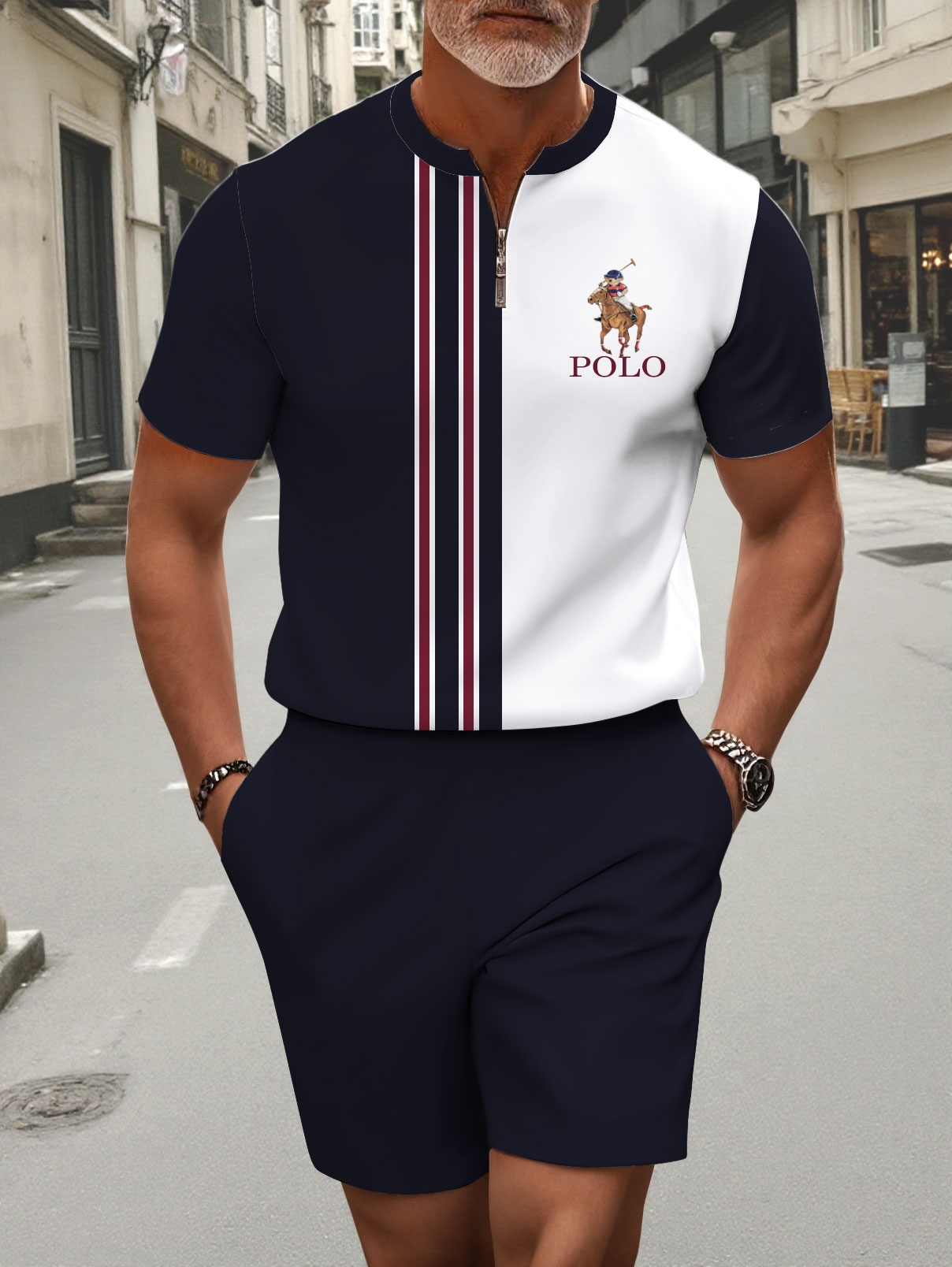 Men's Fashion Round Neck Geometric Color Blocked Zipper Short Sleeved+Casual Shorts Swo-Piece Set