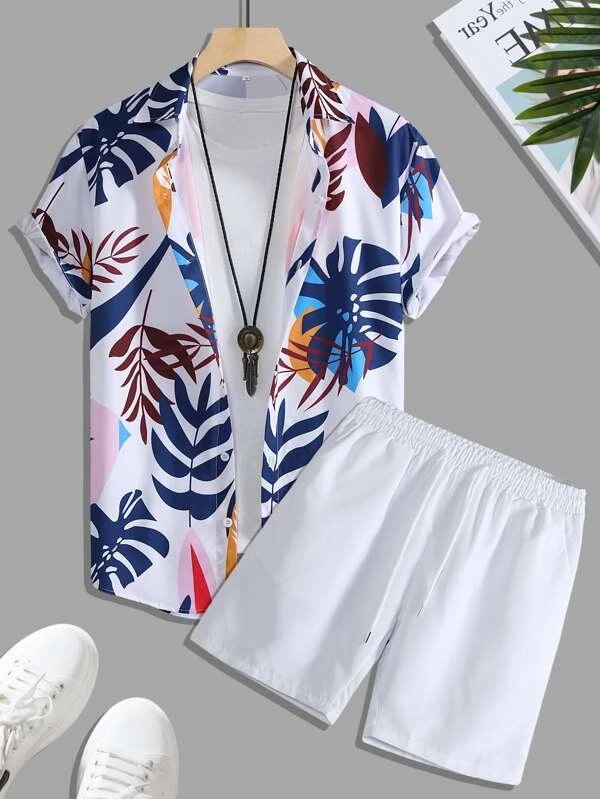 Men's Hawaiian Print Short Sleeve Shirt Set