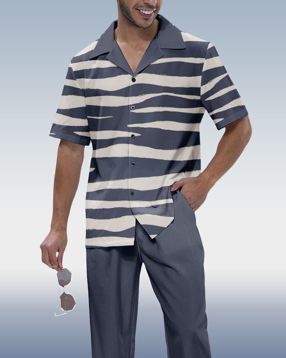 Men's Striped Print Short Sleeve Shirt Walking Set