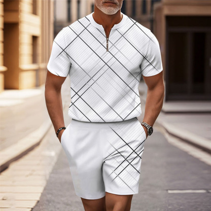 Men's Fashion Casual Round-Neck White & Graty Checkered Printed Short-Sleeved Two-Piece Set