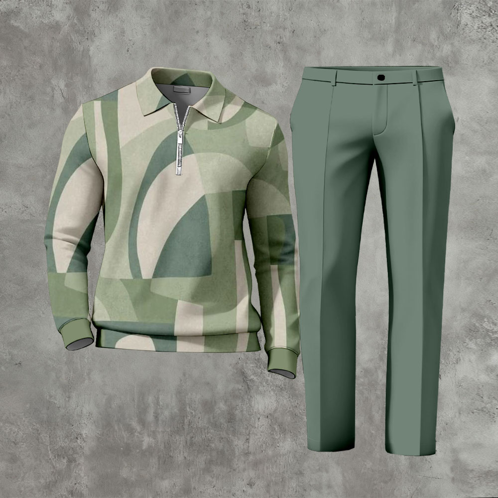 Men's Casual Green Color Matching Printed Zipper Long Sleeved Polo Shirt & Trousers Two-Piece Set