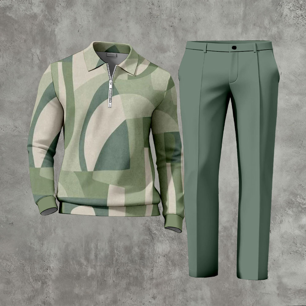 Men's Casual Green Color Matching Printed Zipper Long Sleeved Polo Shi