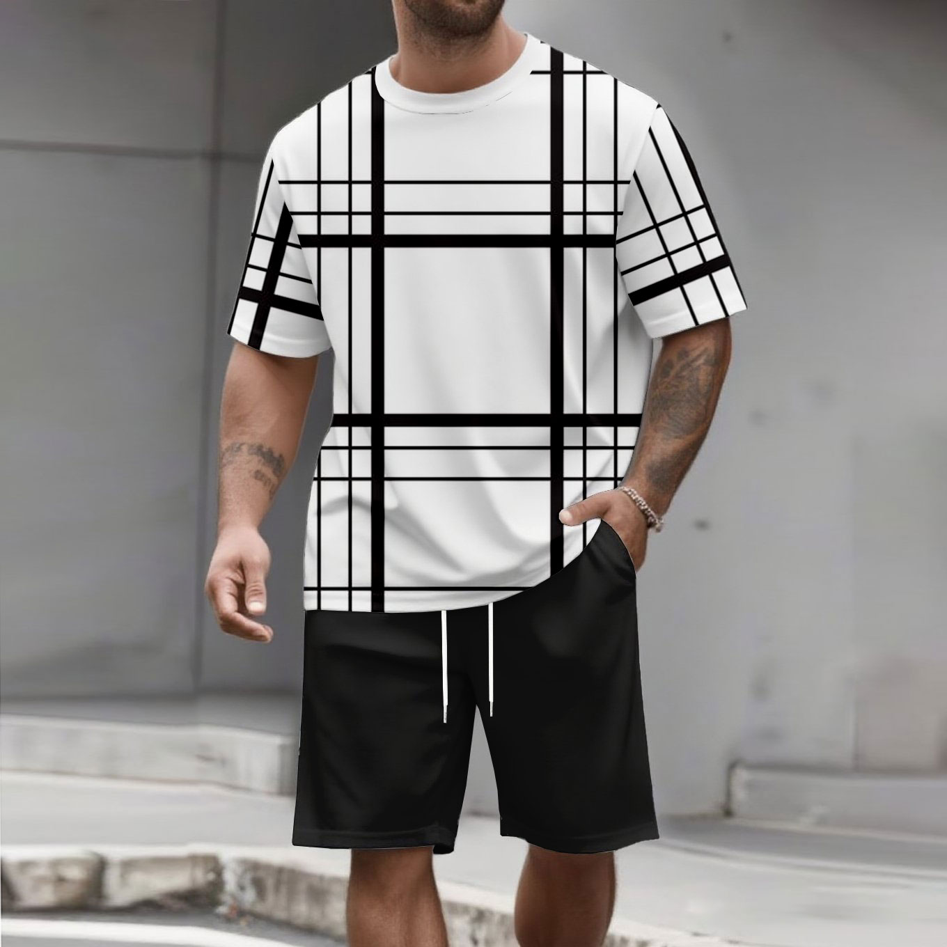 Men's Fashion Casual Color Matching Printed Short-Sleeved Two-Piece Set