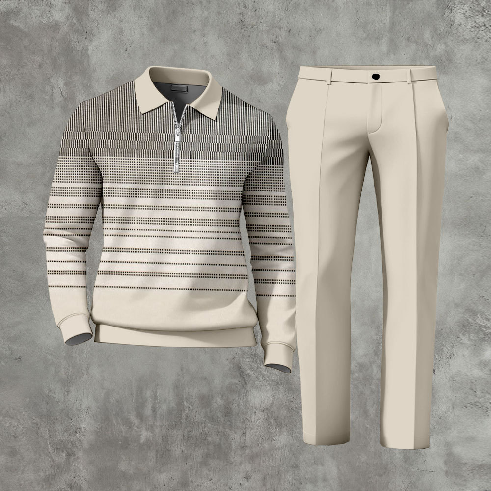 Men's Casual Color Matching Printed Polo-Collar Zipper Long Sleeved Tr