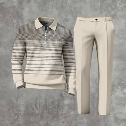 Men's Casual Color Matching Printed Polo-Collar Zipper Long Sleeved Trousers Two-Piece Set 1201