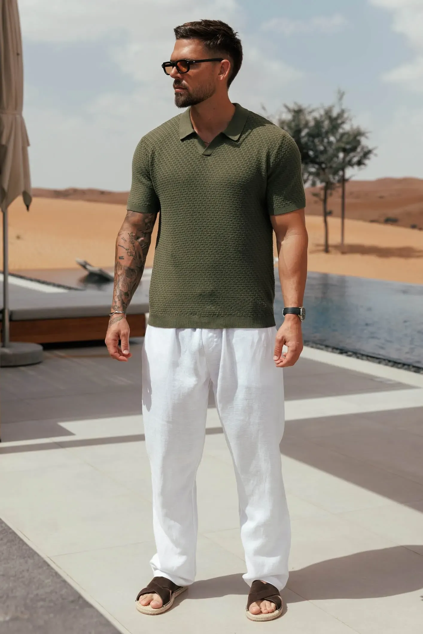 Men's lightweight cotton and linen casual olive green polo shirt