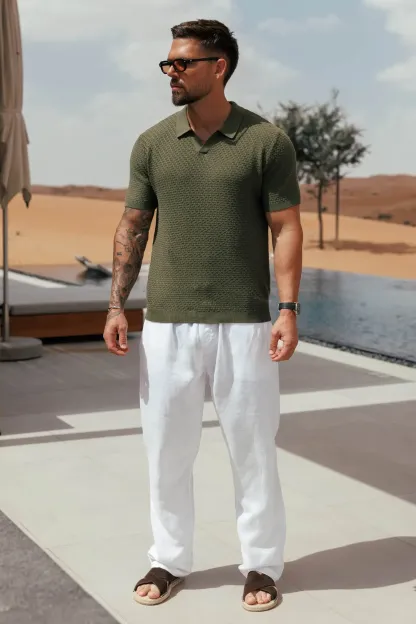 Men's lightweight cotton and linen casual olive green polo shirt