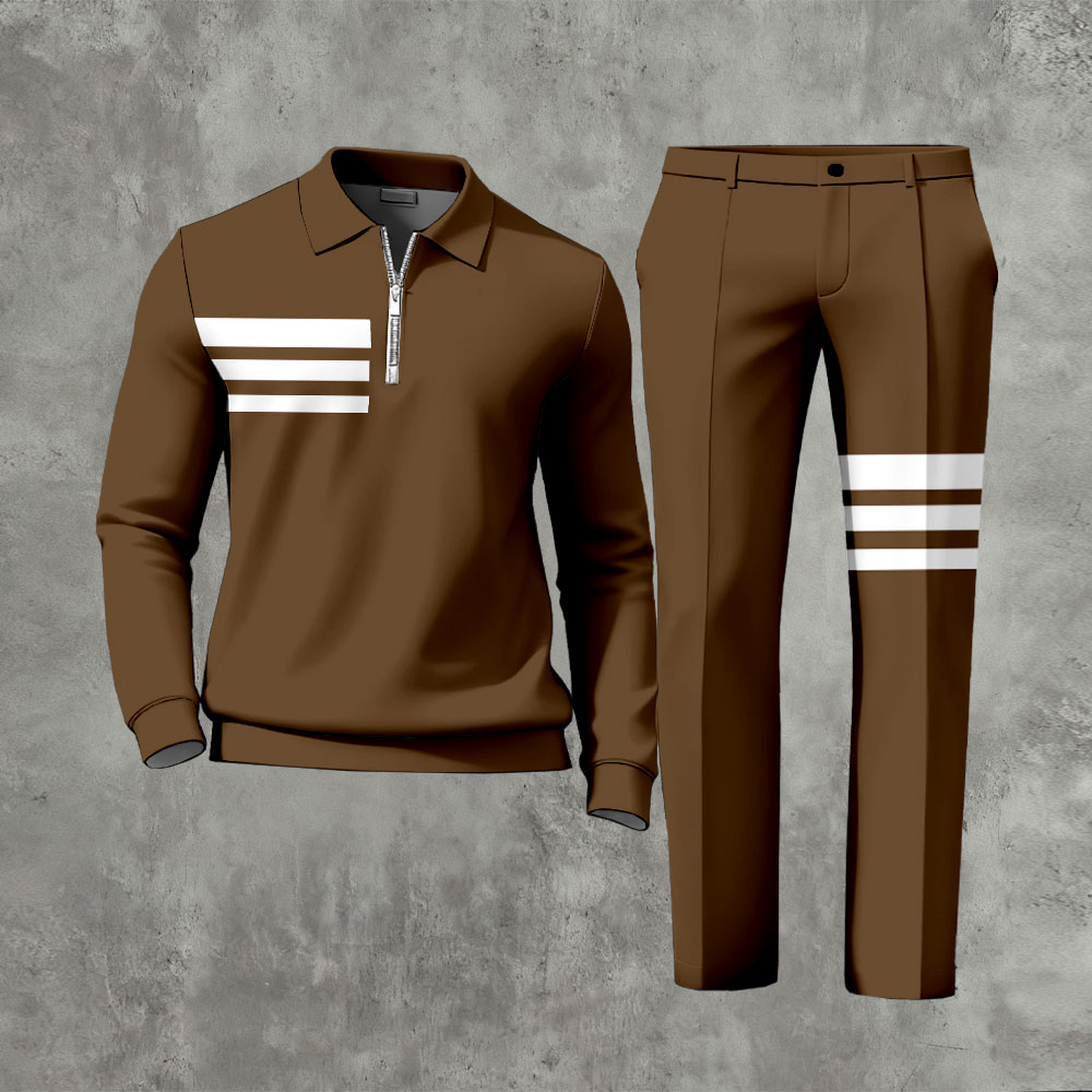 Men's Casual Black & White Color Matching Geometric Printed Polo-Collar Zipper Long Sleeved Trousers Two-Piece Set