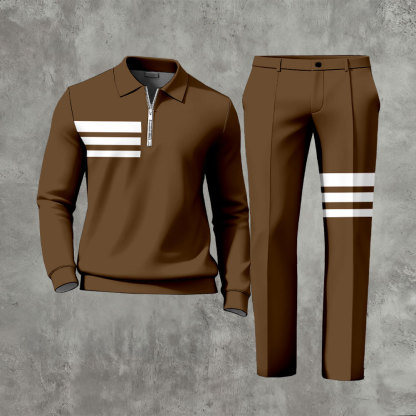 Men's Casual Black & White Color Matching Geometric Printed Polo-Collar Zipper Long Sleeved Trousers Two-Piece Set