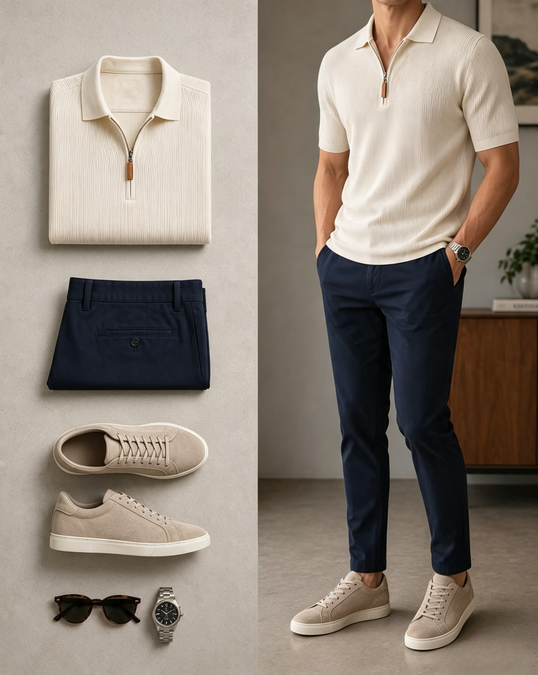 Men's Casual Ribbed Knit Short Sleeved Zipper Polo Shirt & Navy Chino Pants Two-Piece Set