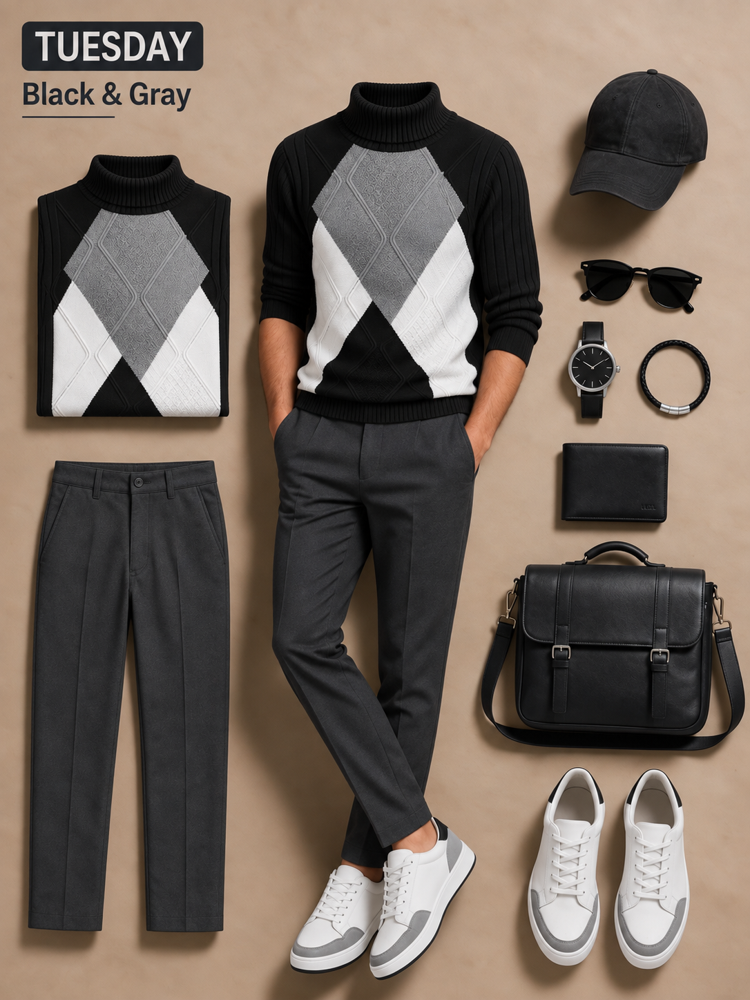 Men's Argyle Turtleneck Knit Sweater & Straight‑Leg Dress Pants 2‑Piece Outfit Set