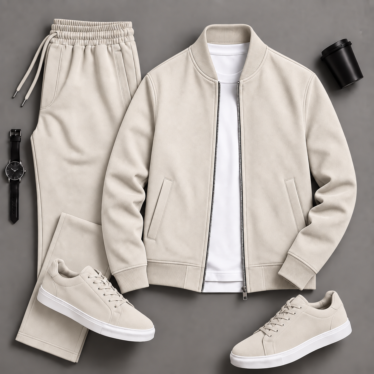 Men's Casual Solid Bomber Jacket & Drawstring Pants 2-Piece Matching Outfit Set, Multiple Colors Available