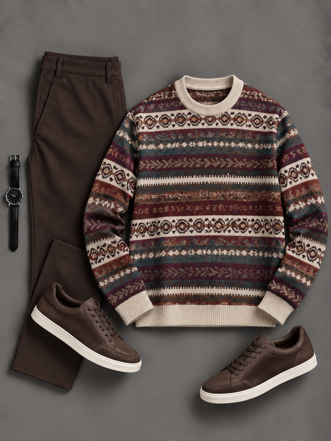 Men's Casual Fair Isle Pattern Crew Neck Knit Sweater & Straight Chino Pants 2‑Piece Matching Outfit Set, Multiple Colors Available