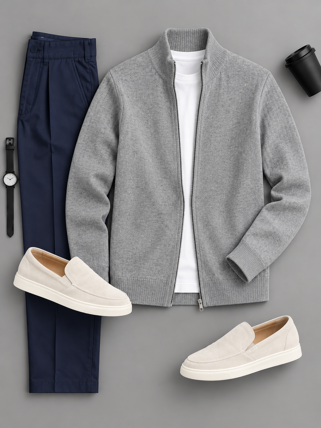 Men's Casual Solid Zip Up Stand Collar Jacket & Chino Pants 2‑Piece Matching Outfit Set, Multiple Colors Available