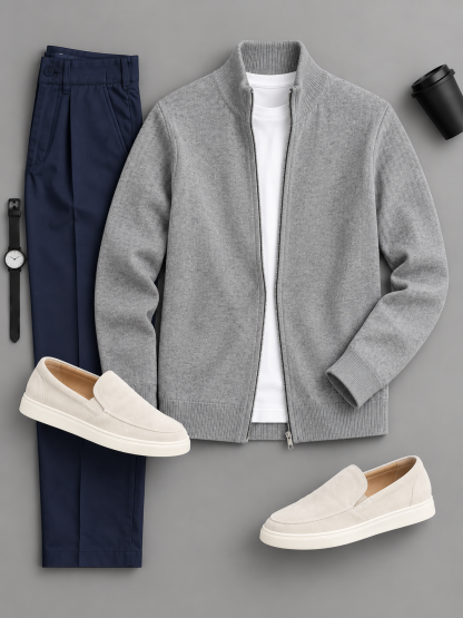 Men's Casual Solid Zip Up Stand Collar Jacket & Chino Pants 2‑Piece Matching Outfit Set, Multiple Colors Available