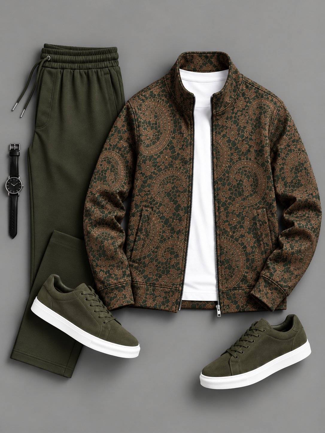 Men's Paisley Floral Printed Zip Up Stand Collar Jacket & Drawstring Pants Two Piece Set, Multiple Colors Available
