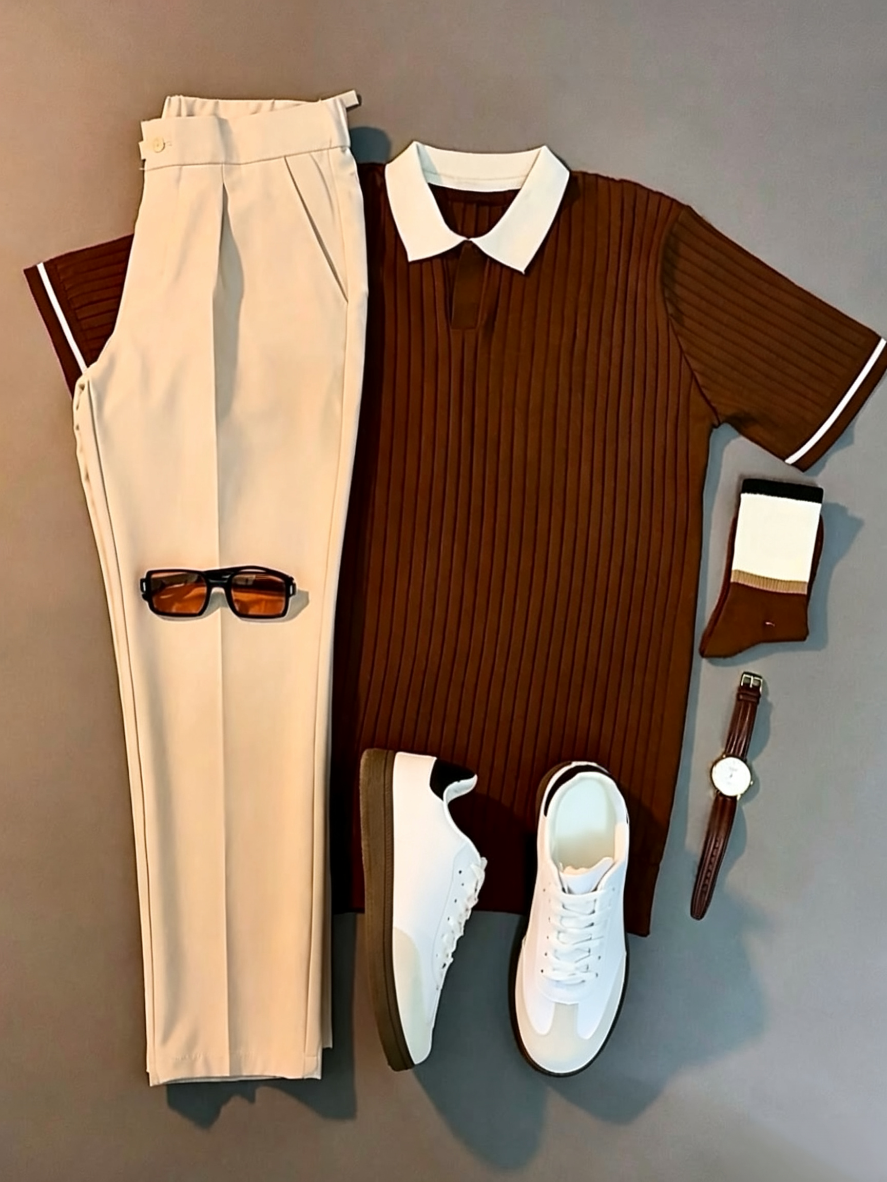 Men's Casual Vertical‑Ribbed Contrast Collar Short‑Sleeve Polo Shirt & Trousers Two‑Piece Set