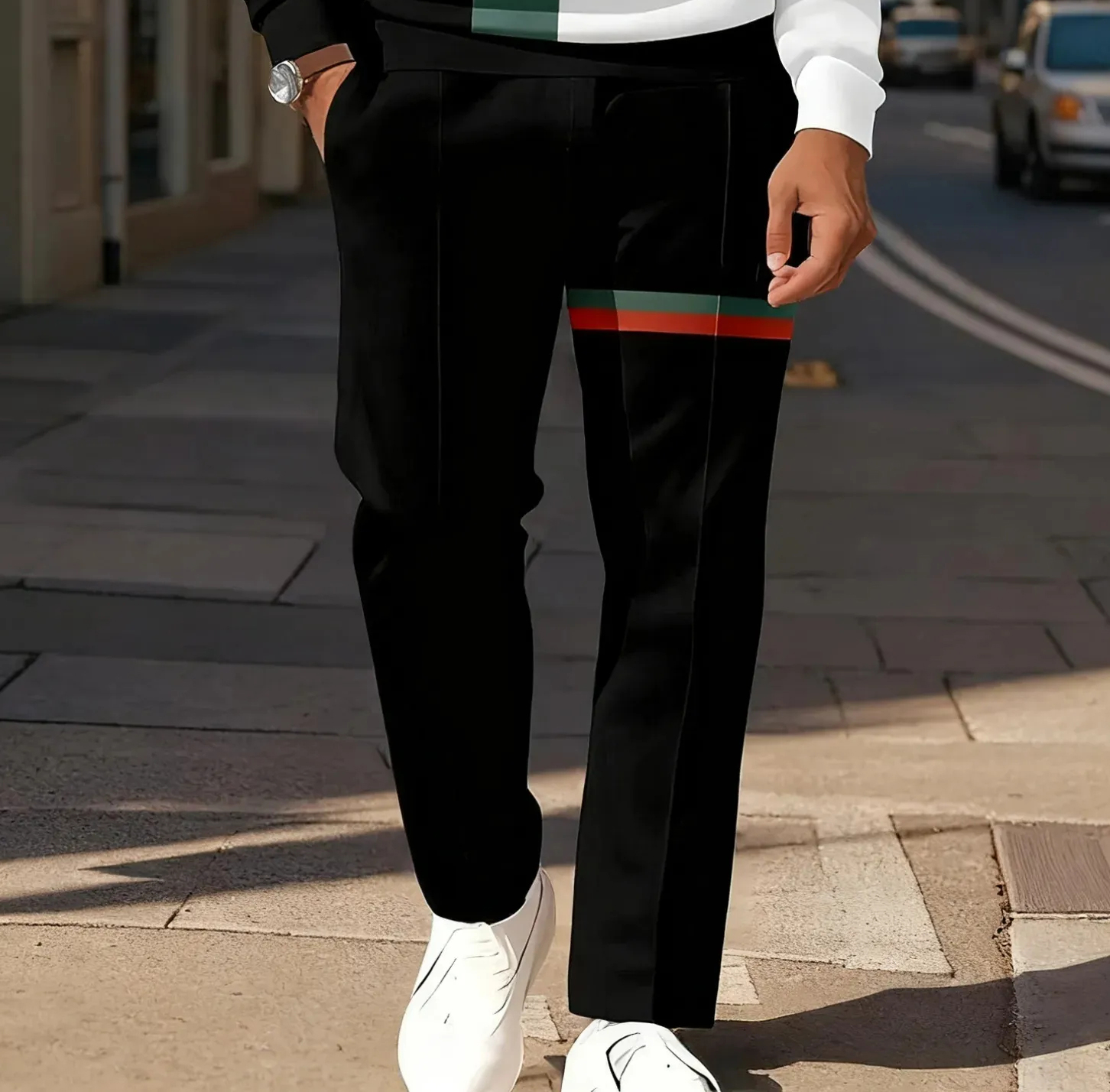 Men's Casual Colorblock Long-Sleeve Zip-Up Polo Shirt and Pant Set