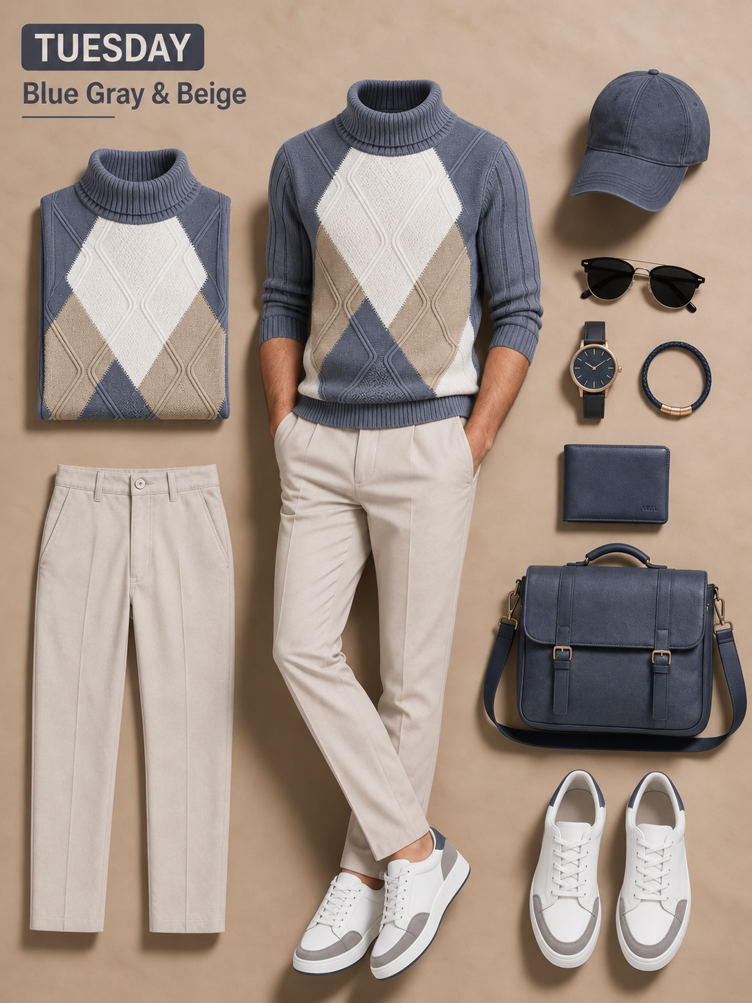Men's Argyle Turtleneck Knit Sweater & Straight‑Leg Dress Pants 2‑Piece Outfit Set