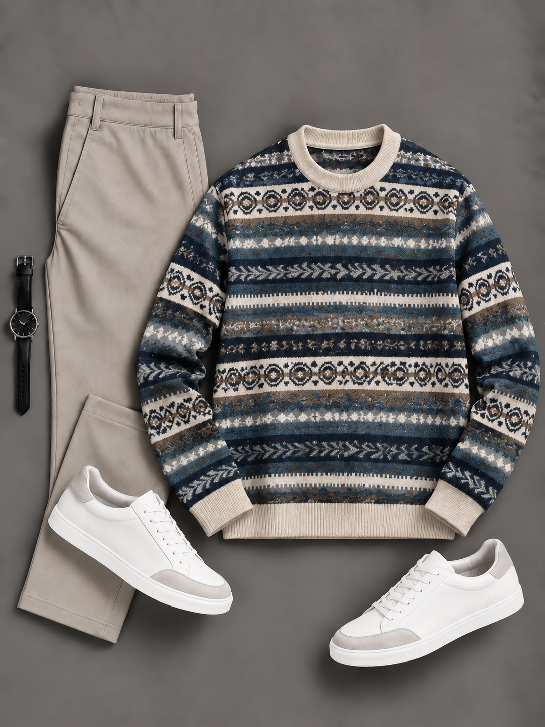 Men's Casual Fair Isle Pattern Crew Neck Knit Sweater & Straight Chino Pants 2‑Piece Matching Outfit Set, Multiple Colors Available