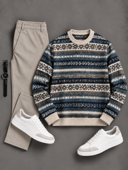 Men's Casual Fair Isle Pattern Crew Neck Knit Sweater & Straight Chino Pants 2‑Piece Matching Outfit Set, Multiple Colors Available