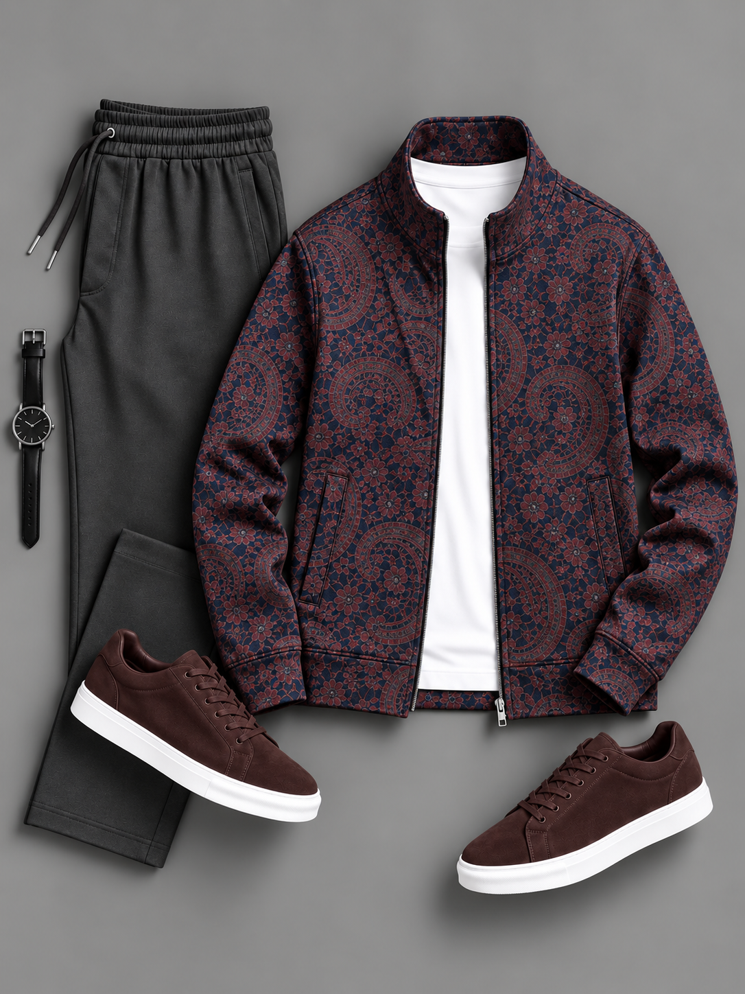 Men's Paisley Floral Printed Zip Up Stand Collar Jacket & Drawstring Pants Two Piece Set, Multiple Colors Available