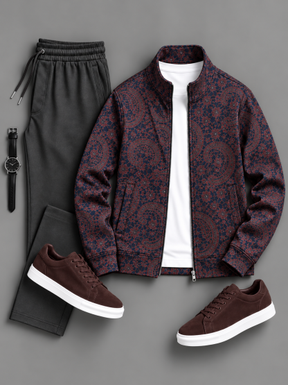 Men's Paisley Floral Printed Zip Up Stand Collar Jacket & Drawstring Pants Two Piece Set, Multiple Colors Available