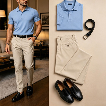 Men's Casual Sky Blue & Khaki Solid Polo Shirt And Pants Two-Piece Set