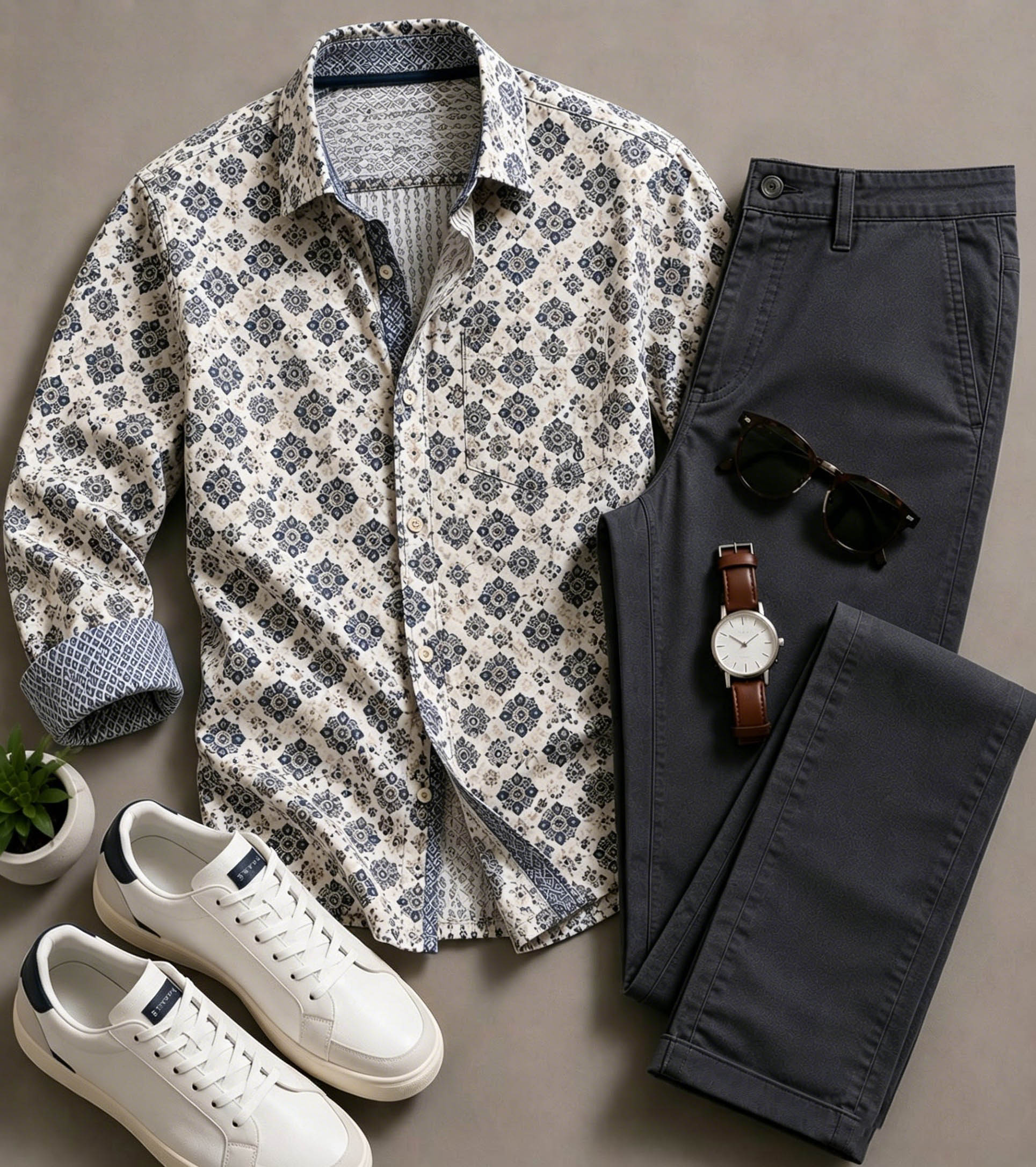 Men's Casual Blue White Vintage Floral Printed Long Sleeved Shirt & Trousers Two-Piece Set