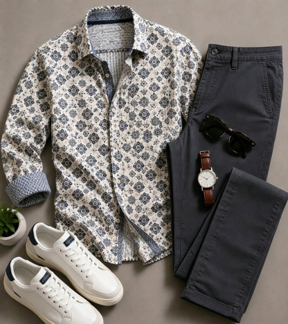 Men's Casual Blue White Vintage Floral Printed Long Sleeved Shirt & Trousers Two-Piece Set