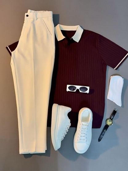 Men's Casual Vertical‑Ribbed Contrast Collar Short‑Sleeve Polo Shirt & Trousers Two‑Piece Set