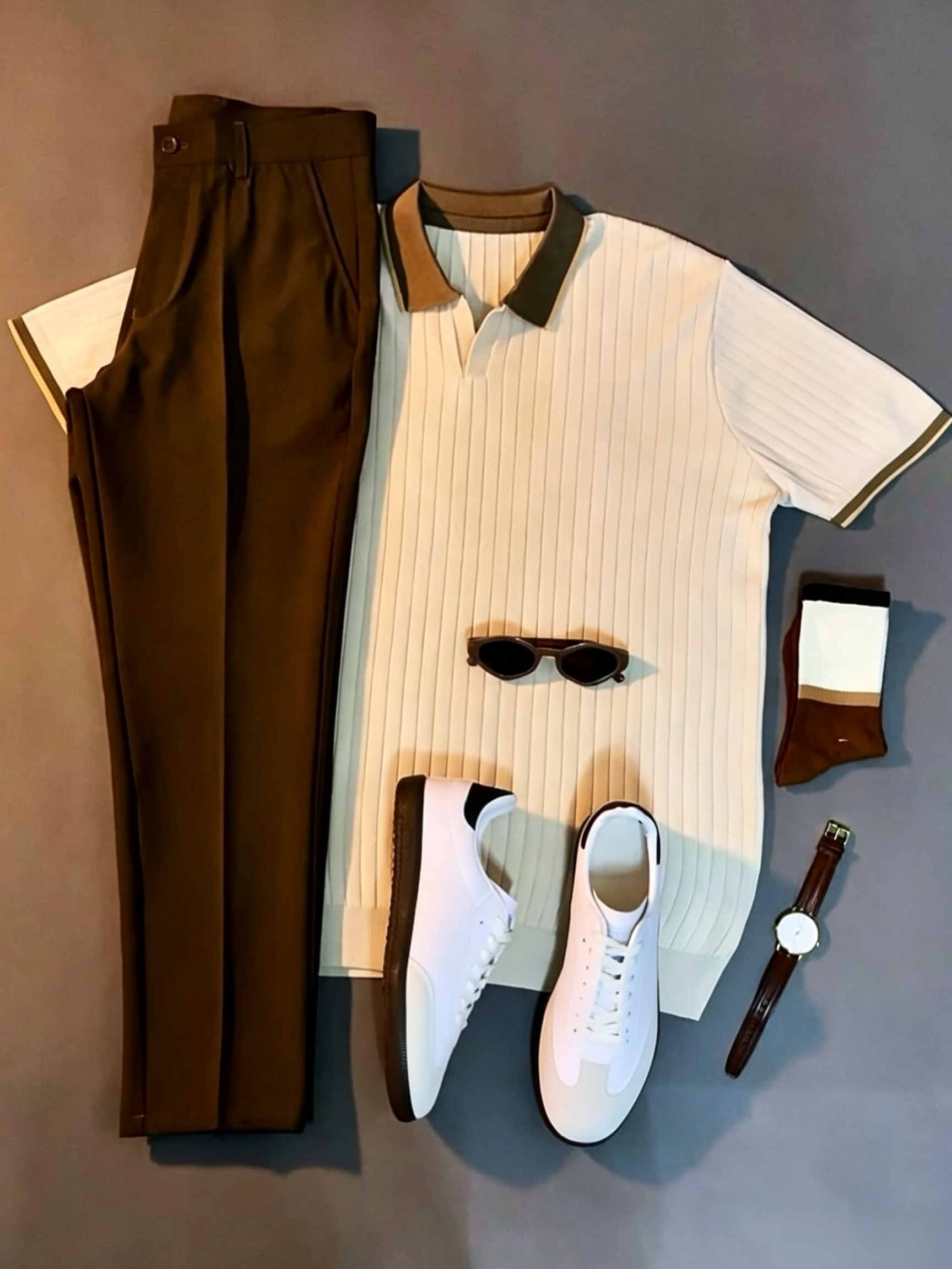 Men's Casual Vertical‑Ribbed Contrast Collar Short‑Sleeve Polo Shirt & Trousers Two‑Piece Set
