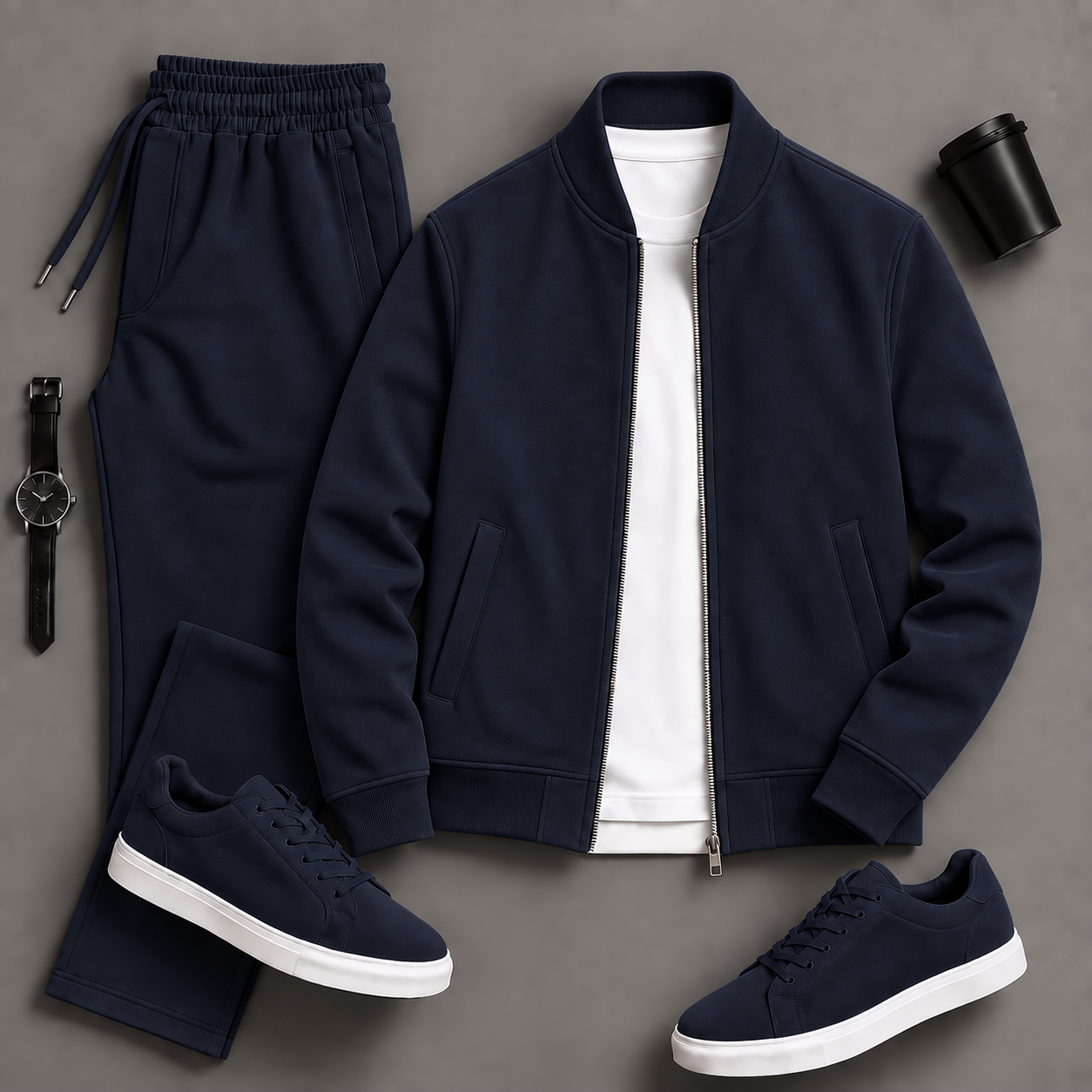 Men's Casual Solid Bomber Jacket & Drawstring Pants 2-Piece Matching Outfit Set, Multiple Colors Available