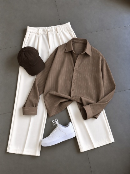 Men's Casual Striped Long Sleeve Shirt & Chino Pants 2‑Piece Matching Outfit Set, Multiple Colors Available