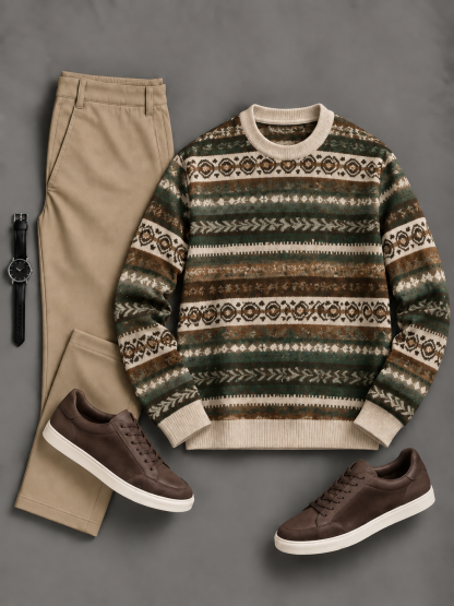 Men's Casual Fair Isle Pattern Crew Neck Knit Sweater & Straight Chino Pants 2‑Piece Matching Outfit Set, Multiple Colors Available
