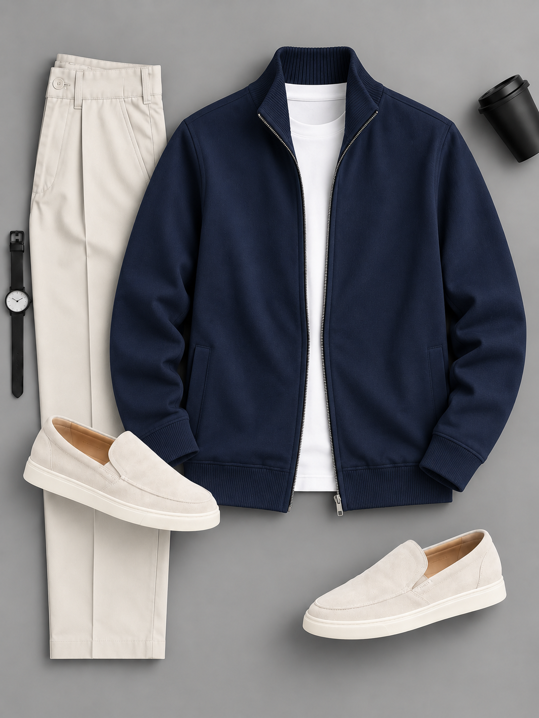 Men's Casual Solid Zip Up Stand Collar Jacket & Chino Pants 2‑Piece Matching Outfit Set, Multiple Colors Available