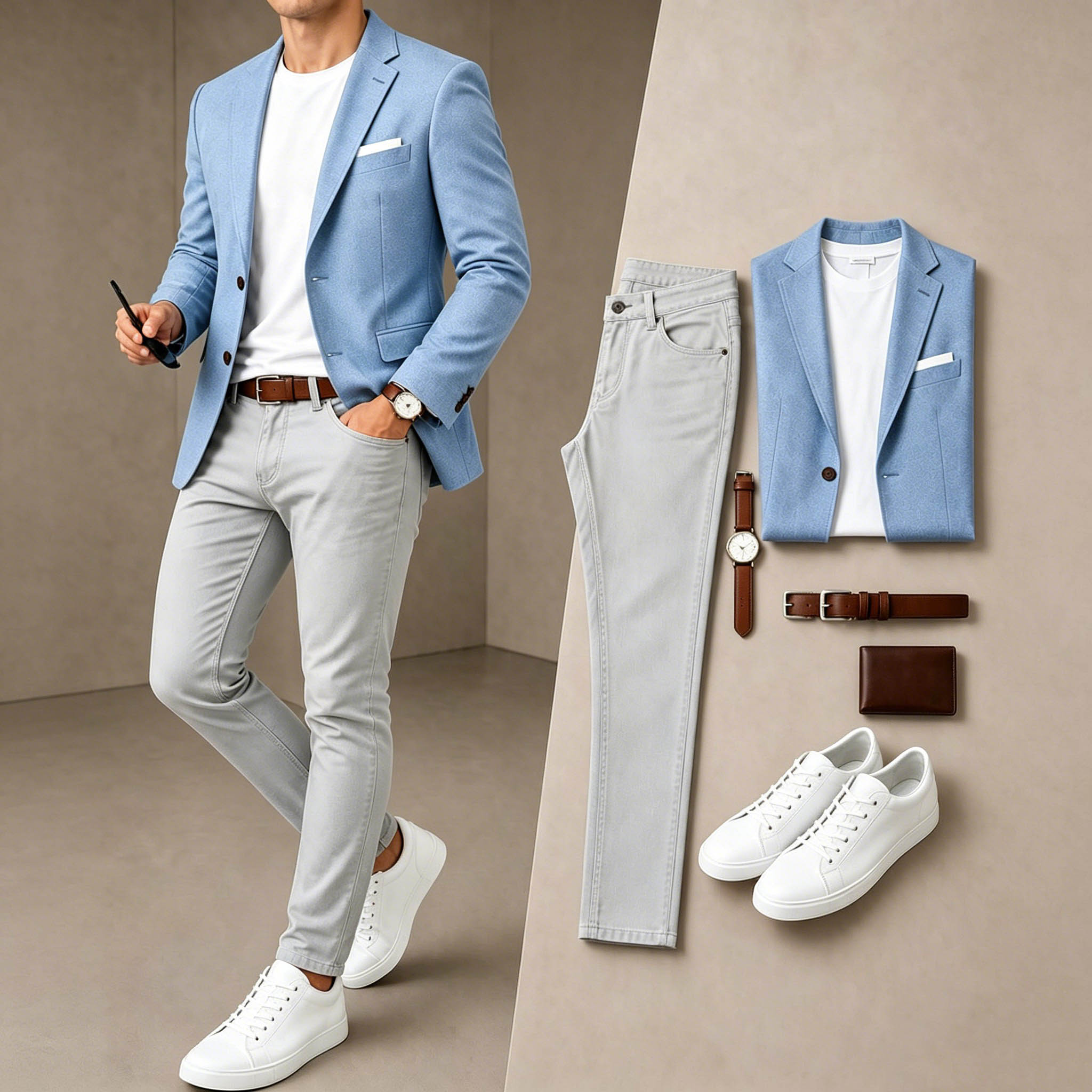 Men's Business Casual Light Blue & Light Gray Color Matching Retro Style Short Sleeves T-Shirt & Pants & Blazer 3pcs Set