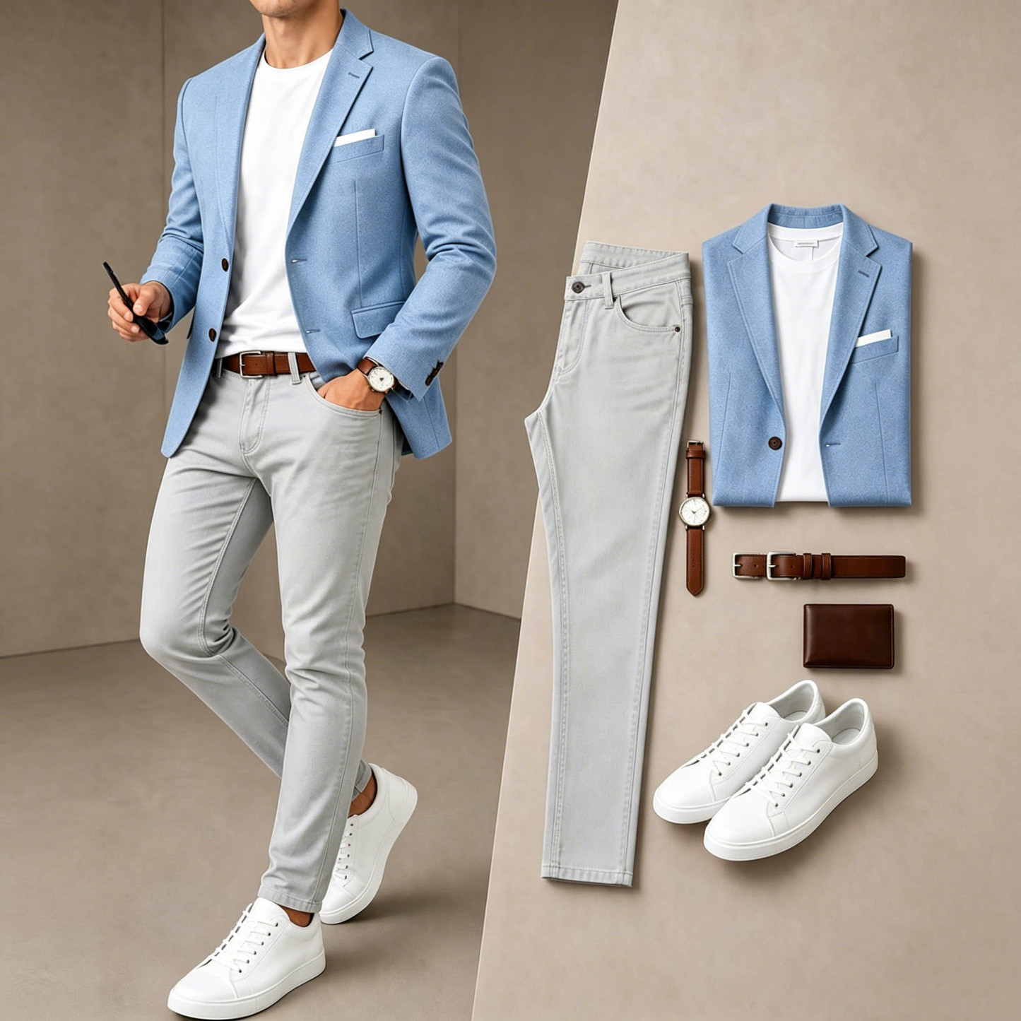 Men's Business Casual Light Blue & Light Gray Color Matching Retro Style Short Sleeves T-Shirt & Pants & Blazer 3pcs Set