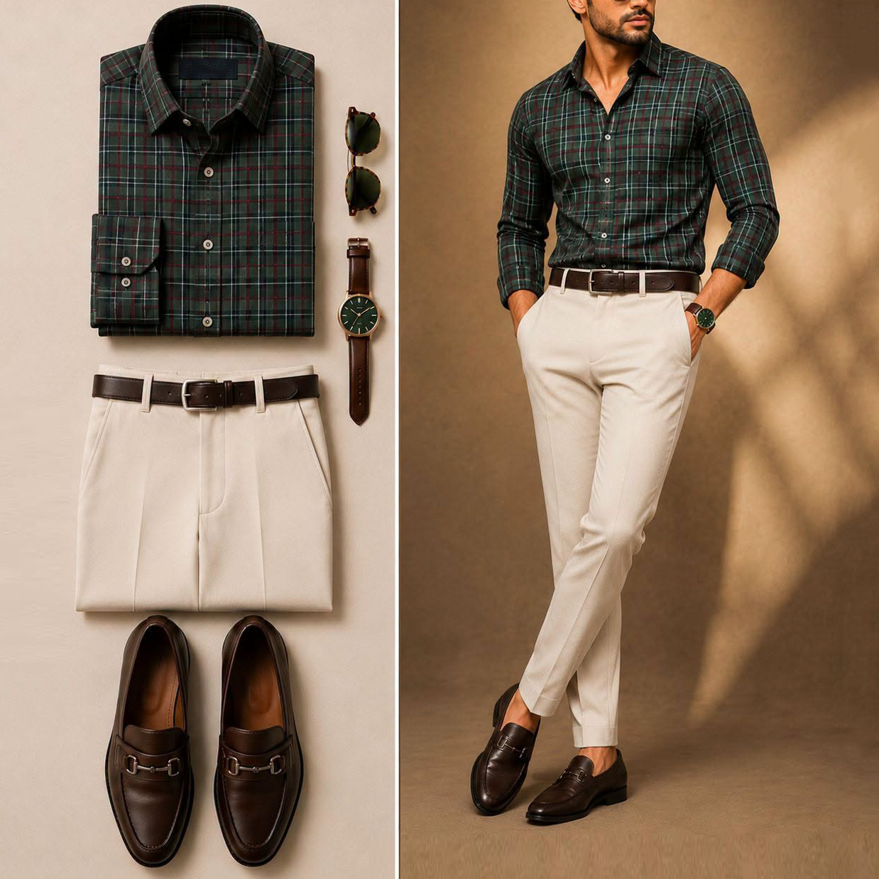 Men's Casual Dark Green Plaid Printed Long Sleeve Shirt & Off White Chino Pants Two-Piece Set