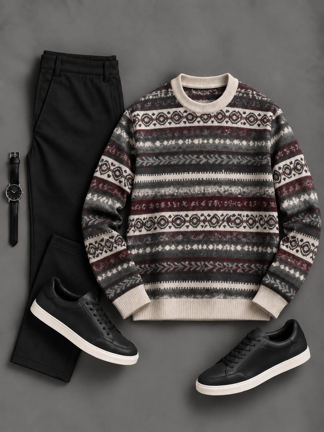 Men's Casual Fair Isle Pattern Crew Neck Knit Sweater & Straight Chino Pants 2‑Piece Matching Outfit Set, Multiple Colors Available