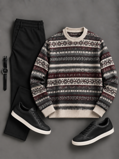 Men's Casual Fair Isle Pattern Crew Neck Knit Sweater & Straight Chino Pants 2‑Piece Matching Outfit Set, Multiple Colors Available