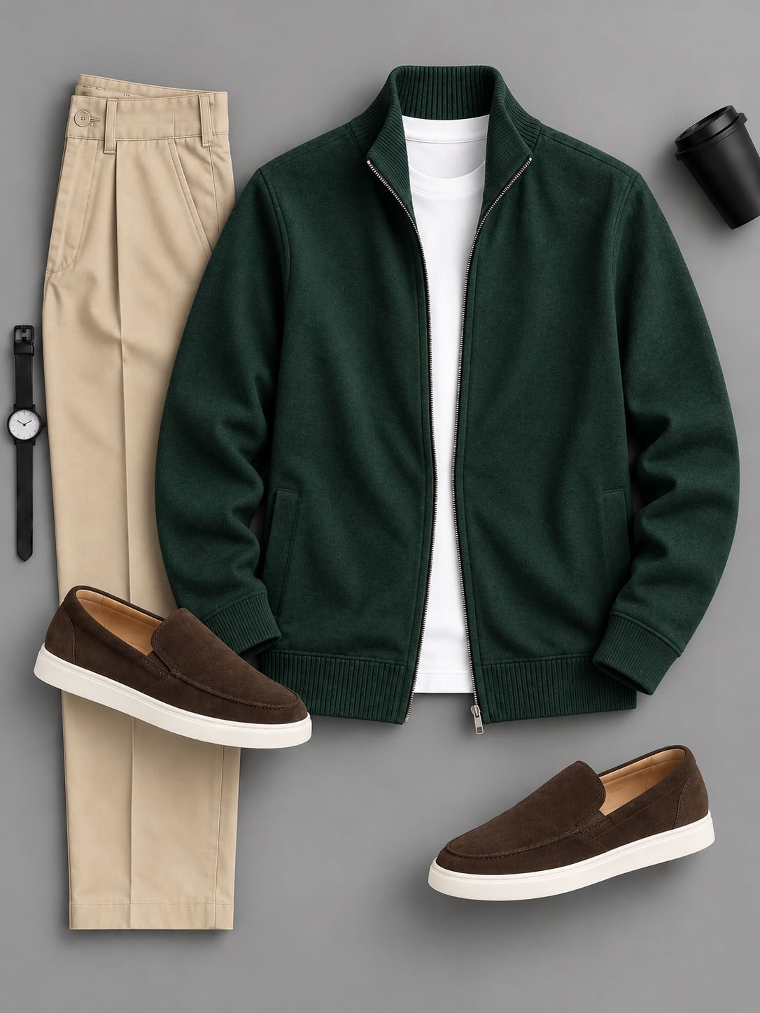 Men's Casual Solid Zip Up Stand Collar Jacket & Chino Pants 2‑Piece Matching Outfit Set, Multiple Colors Available