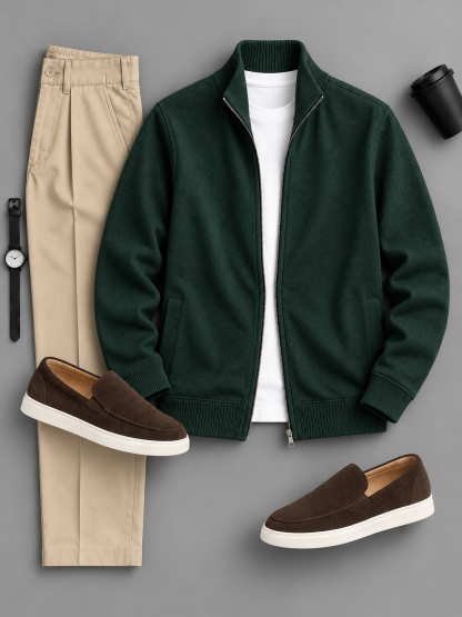 Men's Casual Solid Zip Up Stand Collar Jacket & Chino Pants 2‑Piece Matching Outfit Set, Multiple Colors Available