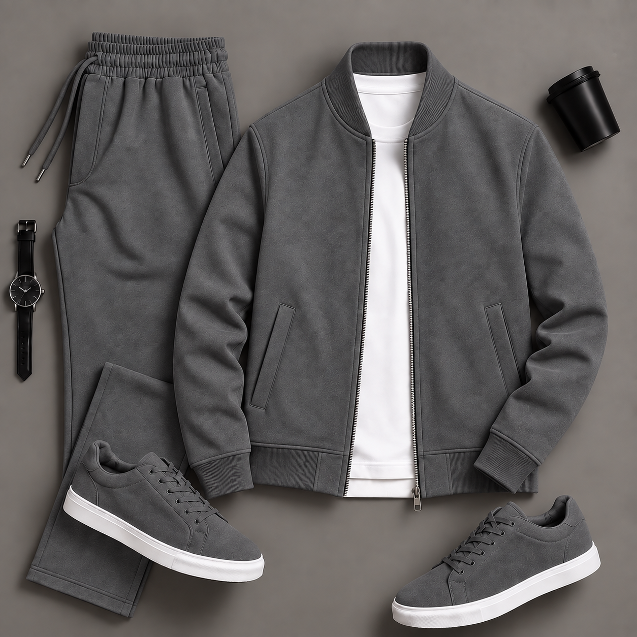 Men's Casual Solid Bomber Jacket & Drawstring Pants 2-Piece Matching Outfit Set, Multiple Colors Available