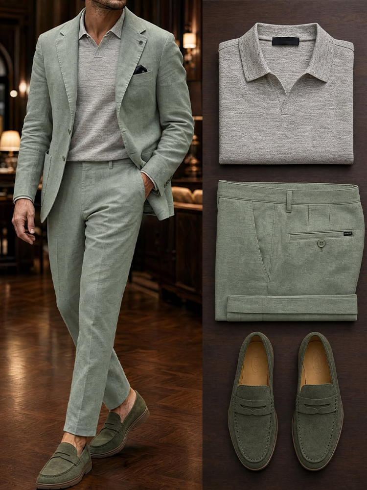 Men's Black Color Polo Lapel Collar Shirt & Pants Two-Piece Set