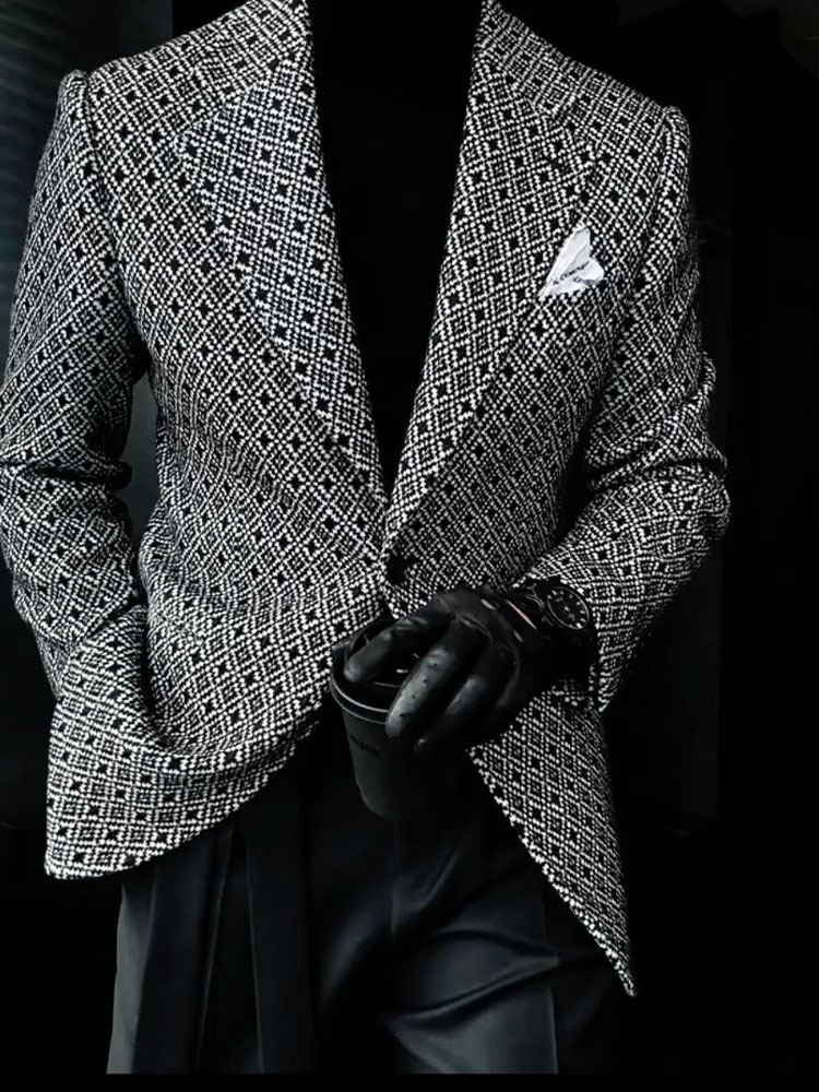 Men's Black White Geometric Long Sleeves Blazer