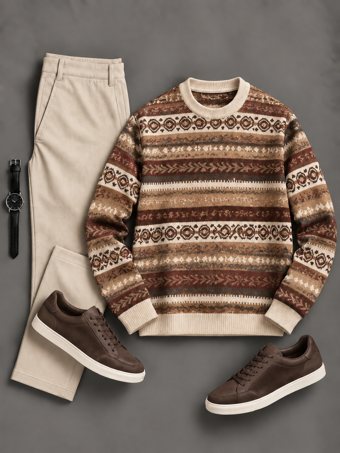 Men's Casual Fair Isle Pattern Crew Neck Knit Sweater & Straight Chino Pants 2‑Piece Matching Outfit Set, Multiple Colors Available