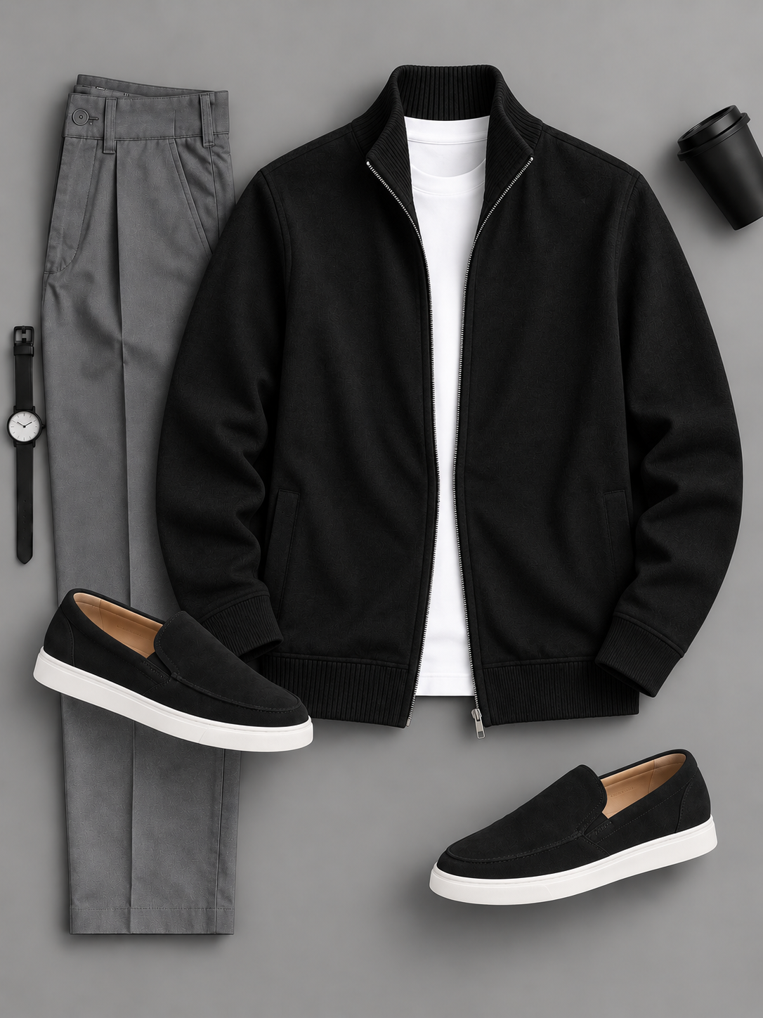 Men's Casual Solid Zip Up Stand Collar Jacket & Chino Pants 2‑Piece Matching Outfit Set, Multiple Colors Available